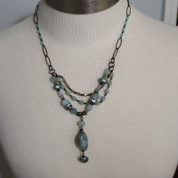 None Jewelry - Green blue tone polished stone necklace